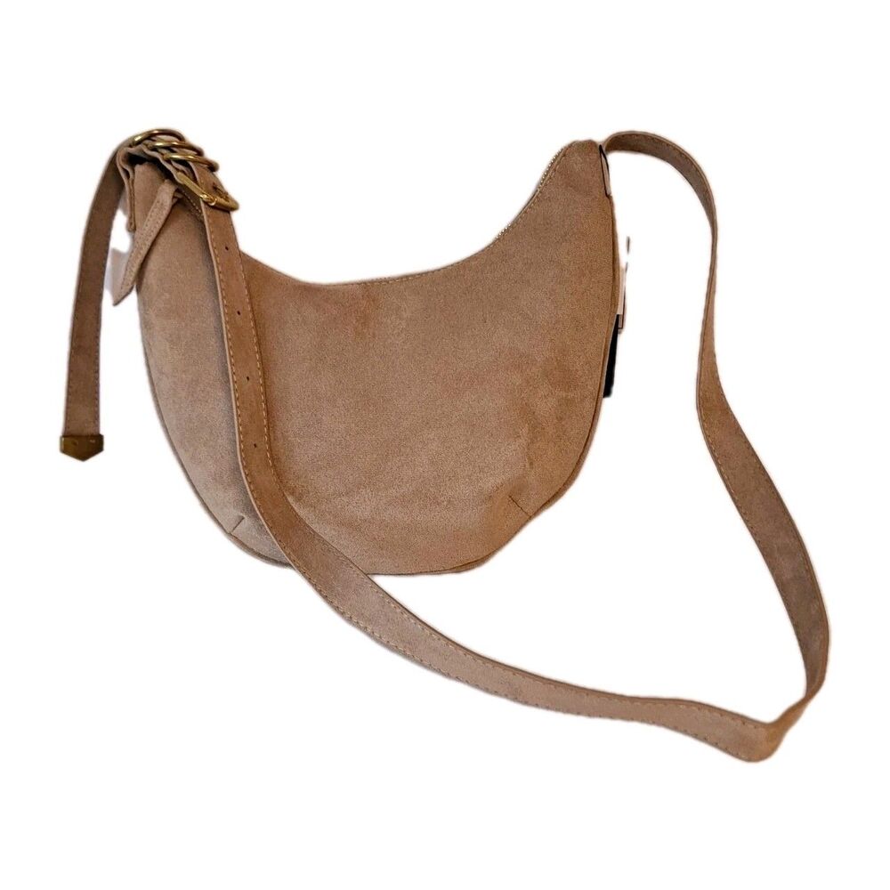 Olivia & Kate Faux Suede Crescent Crossbody Bag Beige